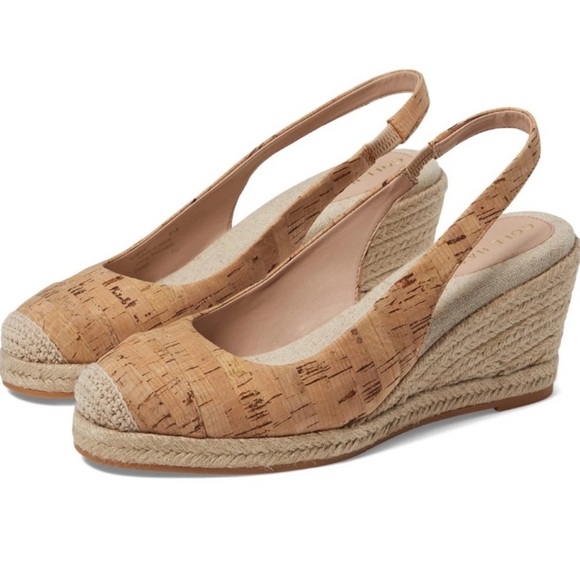 NWT Cole Haan Cloudfeel Espadrille Wedge Slingback Cork/Natural Linen- Sz 9.5 - Picture 1 of 14